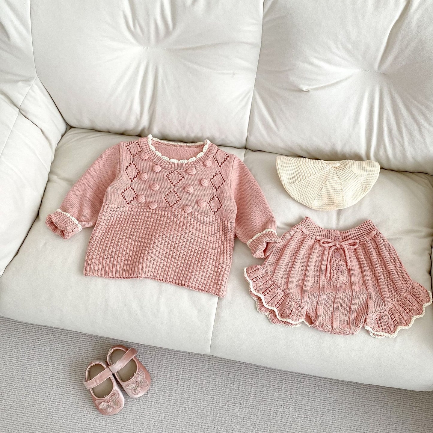 0-3 Years Baby Girl Scalloped Sweater Handmade Ball Top Shorts Suit