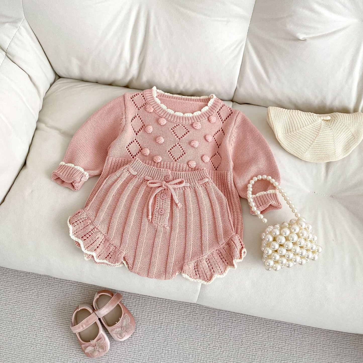 0-3 Years Baby Girl Scalloped Sweater Handmade Ball Top Shorts Suit