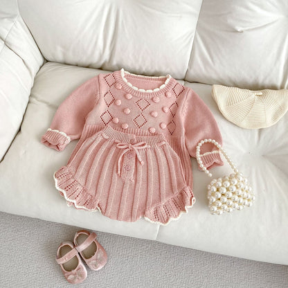 0-3 Years Baby Girl Scalloped Sweater Handmade Ball Top Shorts Suit