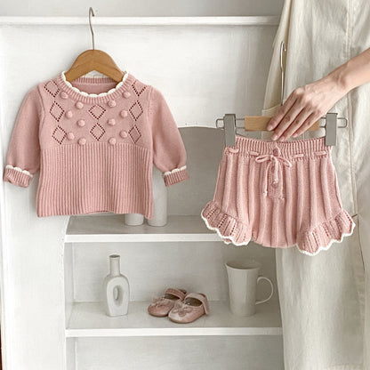0-3 Years Baby Girl Scalloped Sweater Handmade Ball Top Shorts Suit