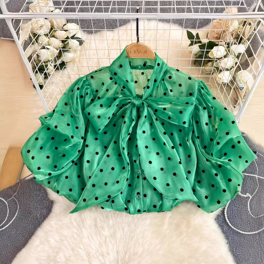 French Style Retro Dots Shirt Female Sweet Bow Collar