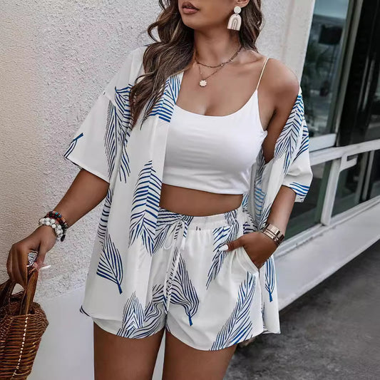 Printed Casual Style Cardigan Shorts Suit