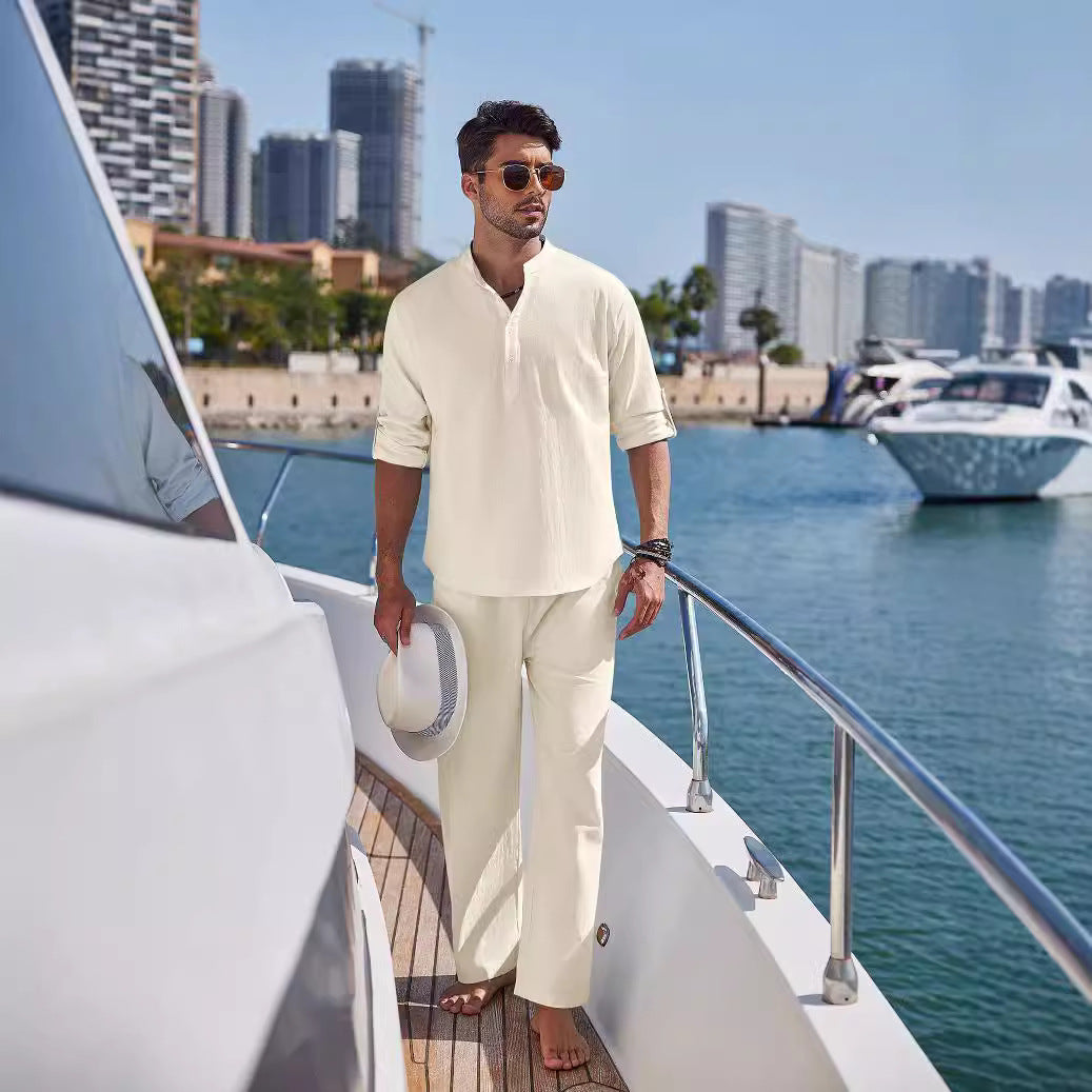 Casual Cotton Linen Long Sleeve Trousers Suit