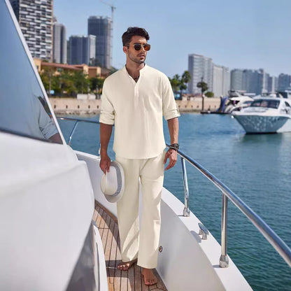 Casual Cotton Linen Long Sleeve Trousers Suit
