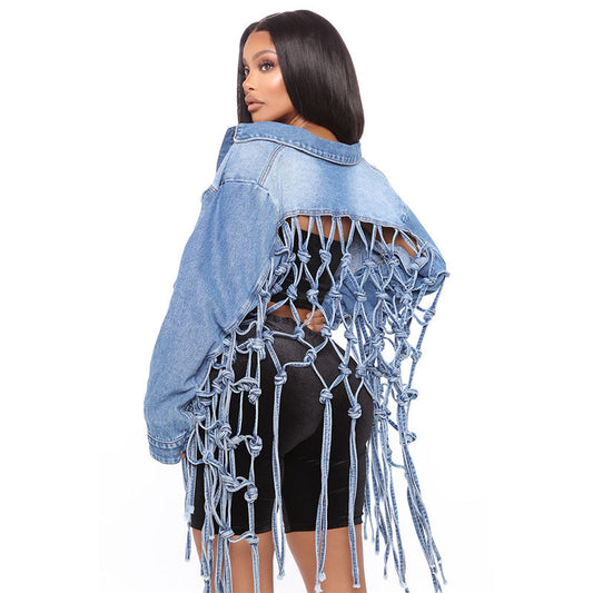Fashion Ladies Mesh Fringed Denim Jacket