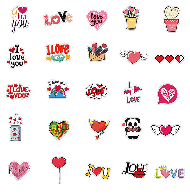 50 Pieces Valentine's Day Pink Heart Graffiti Stickers Luggage Motorcycle Trolley Case Notebook Waterproof Stickers