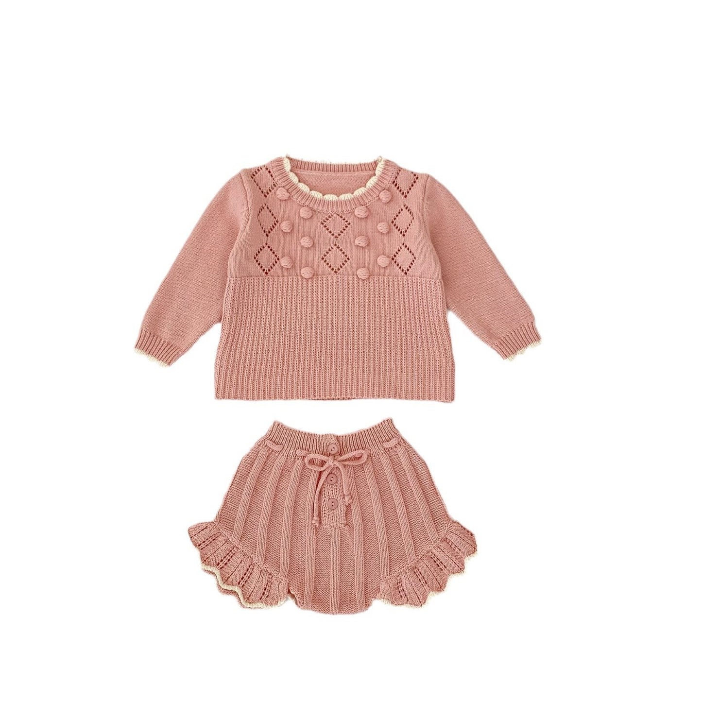0-3 Years Baby Girl Scalloped Sweater Handmade Ball Top Shorts Suit
