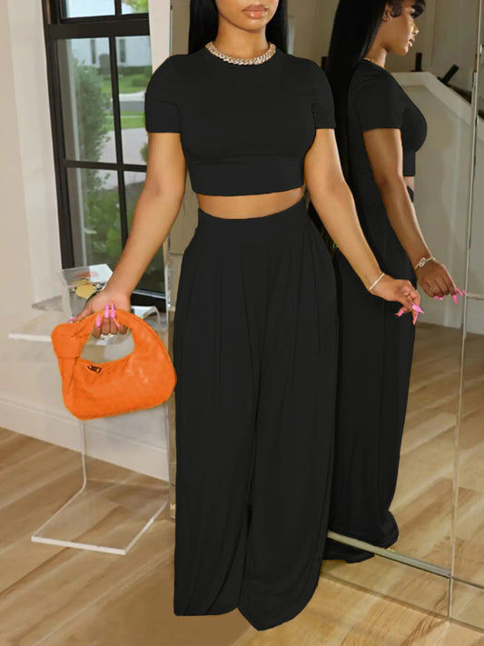 Women's Solid Color T-shirt And Wide Leg Pants Set