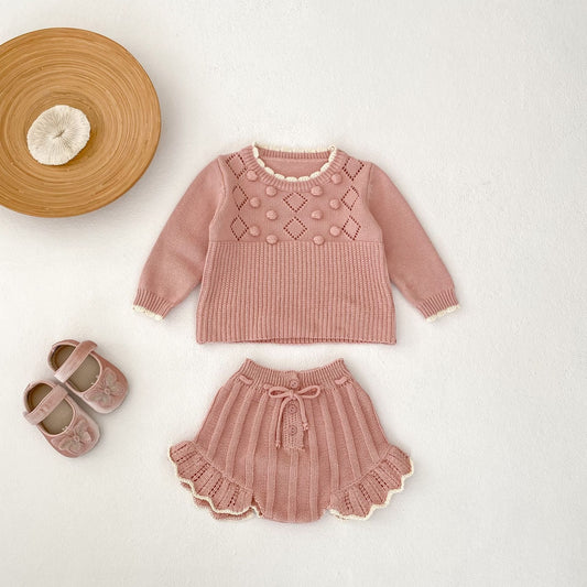 0-3 Years Baby Girl Scalloped Sweater Handmade Ball Top Shorts Suit