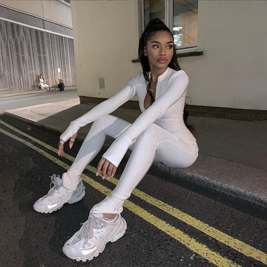 High Waist Zipper Slim Fit Sports Jumpsuit