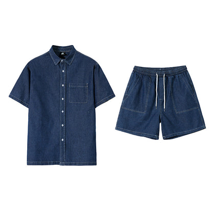 Workwear Short Sleeve Denim Shirt Jacket Men's Denim Shorts