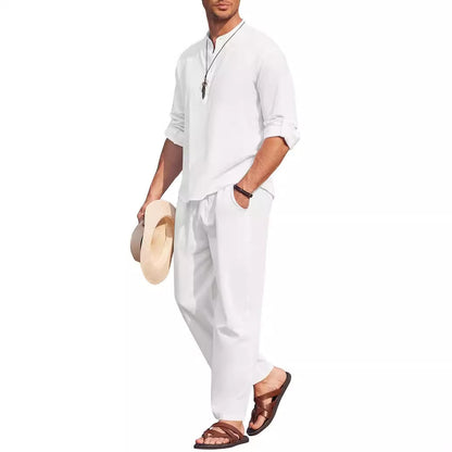 Casual Cotton Linen Long Sleeve Trousers Suit